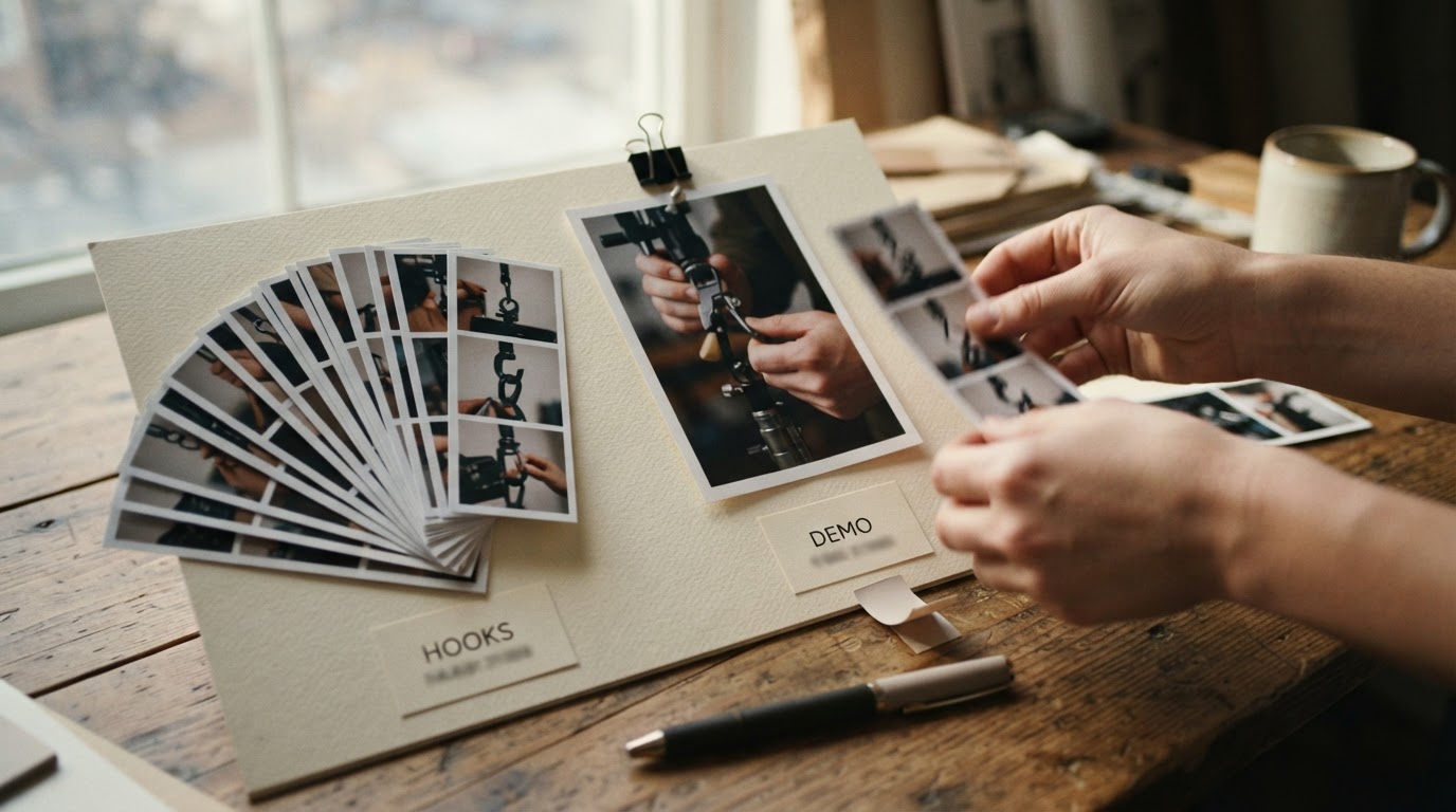 Illustration-like photographic scene showing multiple short clips paired with one product demo