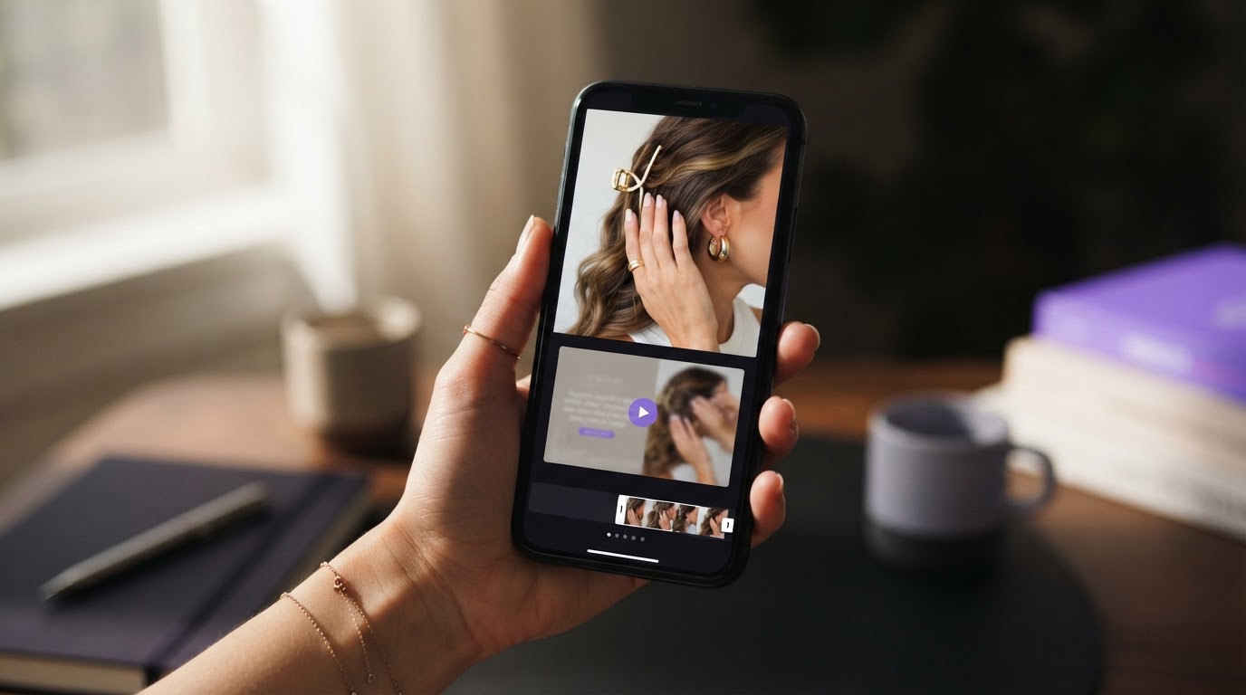 Vertical phone showing a UGC-style ad being edited with clips and overlays