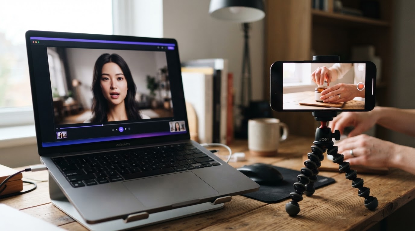 Split scene showing AI-generated avatar preview on screen and a phone recording a product demo