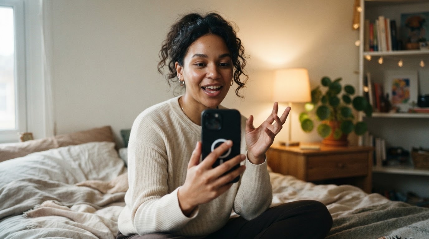 Person recording a vertical UGC-style selfie video on a phone in a bedroom setting