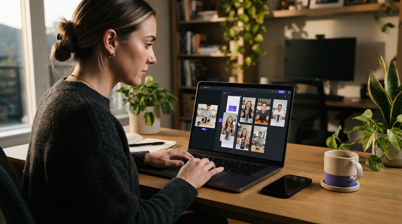 Marketer using a tool to pair multiple UGC openers with a single product demo to create variants