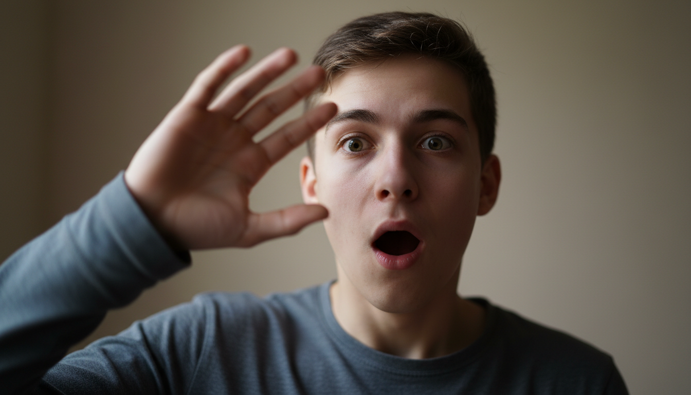 Split-second reaction capture of a creator mid-hook in the first three seconds