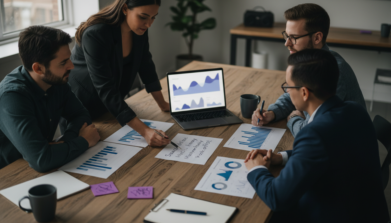 Team reviewing campaign performance charts for Apple Search Ads, Meta, and TikTok