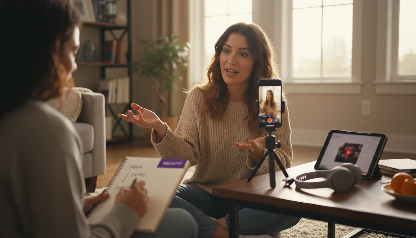 Creator filming a UGC-style vertical video on smartphone showing a product demo and reaction