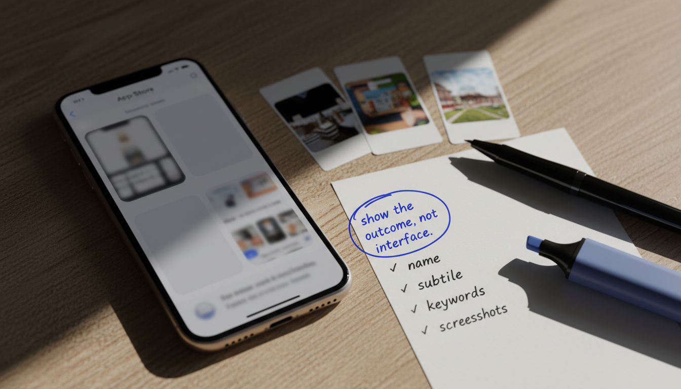 Close-up of iPhone App Store listing screenshots being reviewed with printed notes