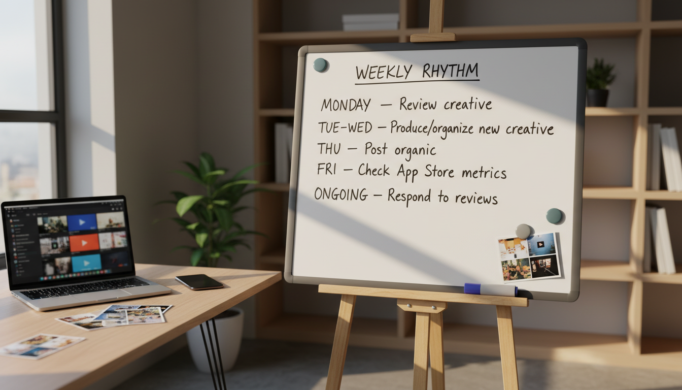 Weekly whiteboard rhythm with days and tasks: review, create, post, check, respond
