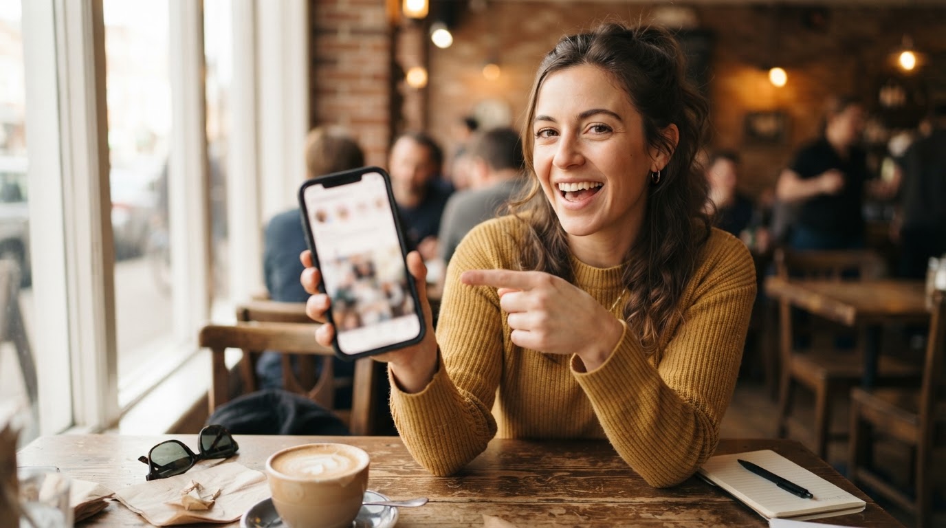 Person casually demonstrating an app on their phone during an everyday activity