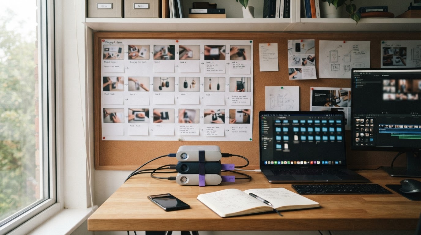 Organized creator workflow with labeled hard drives, folders, and a storyboard of hooks and demos