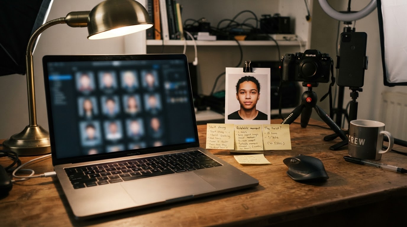 Workspace showing an AI avatar creation workflow with reference photos and notes