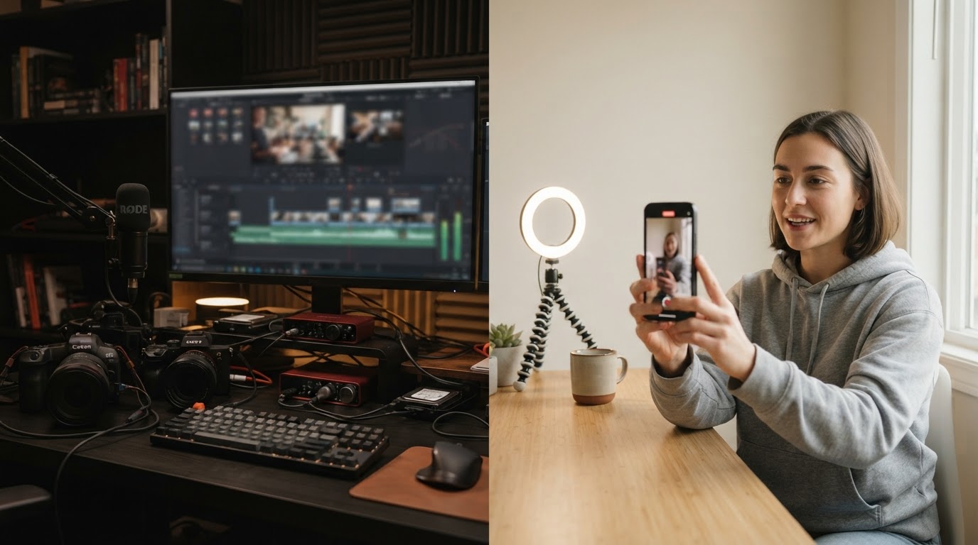 Two contrasting scenes: messy professional editing vs. simple phone-shot clip