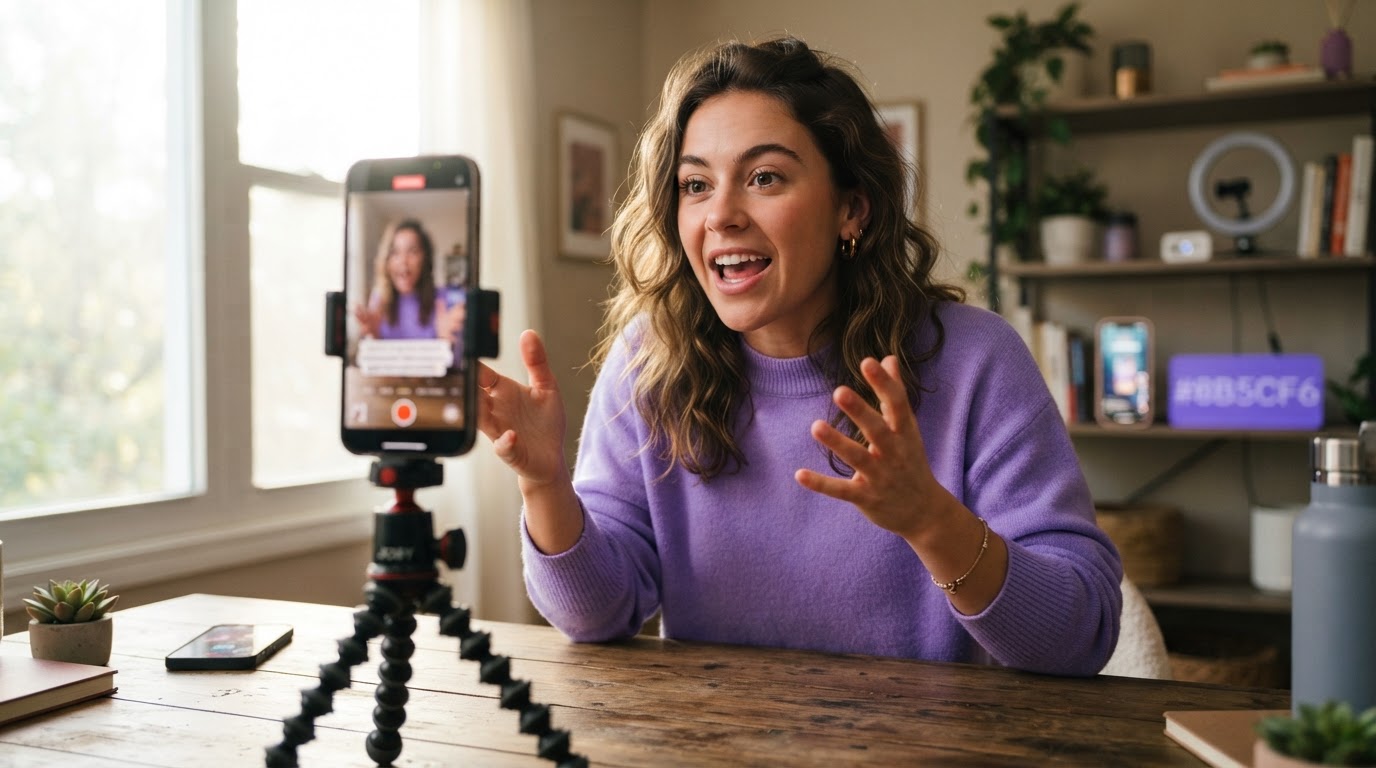 Creator filming a high-energy hook clip on a smartphone with on-screen text placeholders