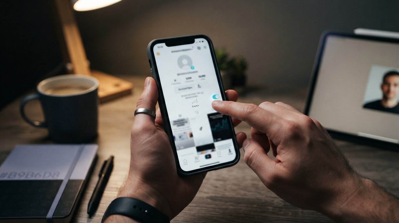 Person updating social profile and choosing business account settings on smartphone