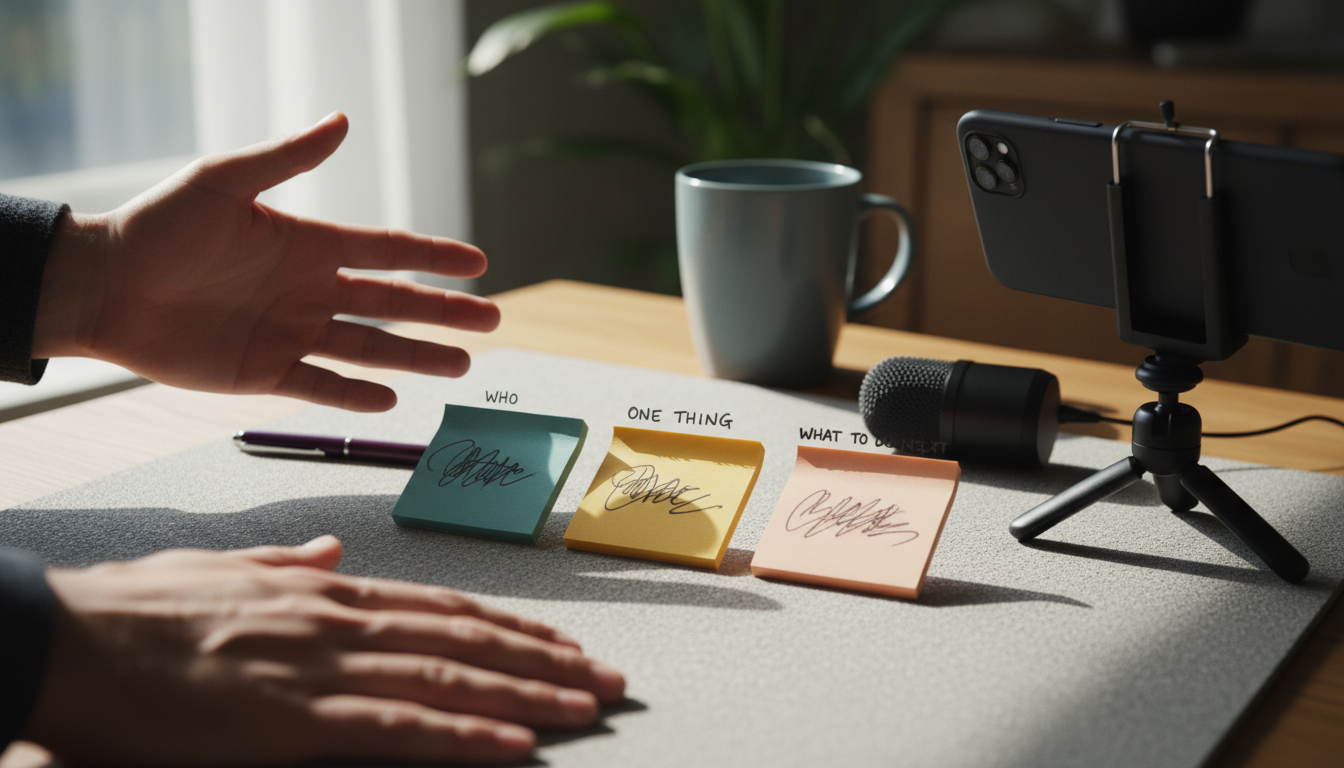 Three sticky notes with labeled questions next to a camera setup and a smartphone