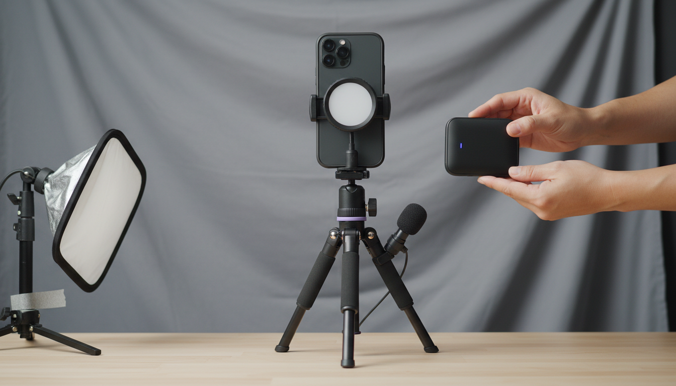 Vertical smartphone demo setup for a physical product with ring light, tripod, and clean background