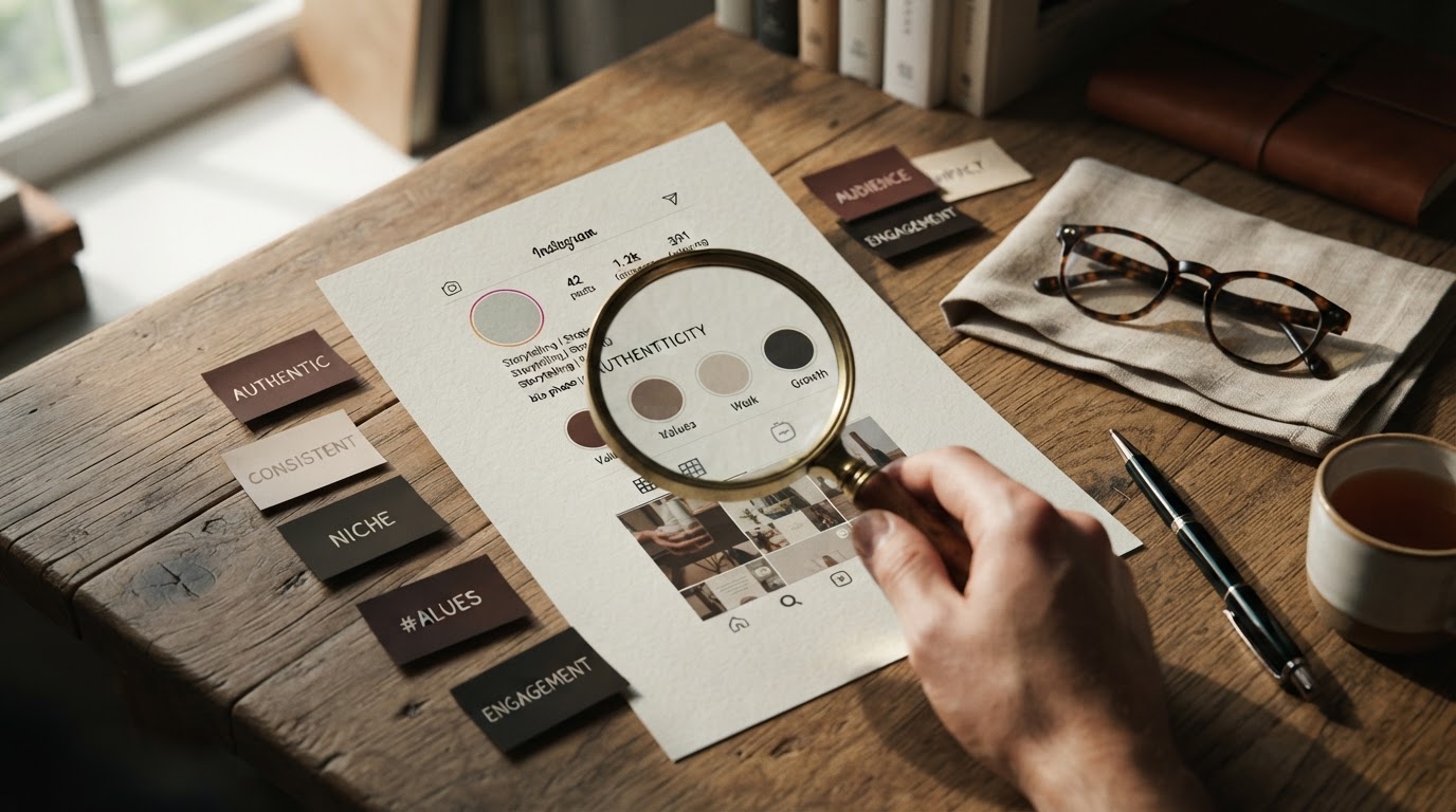Illustration-style but realistic photo metaphor of a watchful algorithm as a magnifying glass over a new Instagram profile