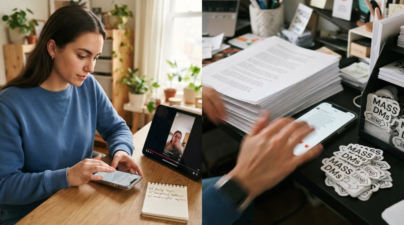Split-scene photo showing good engagement habits on one side and harmful habits on the other