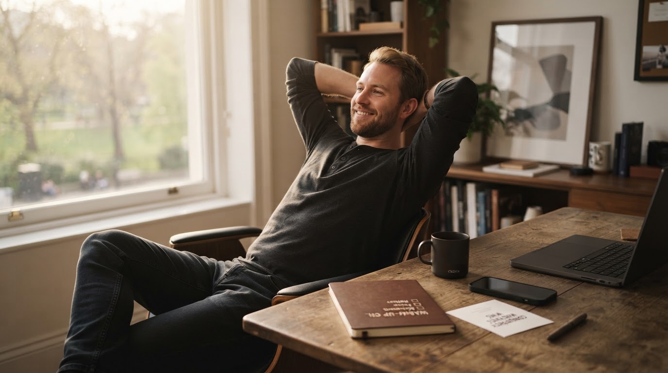 Calm, reassuring workspace showing a founder relaxed after completing the warm-up checklist