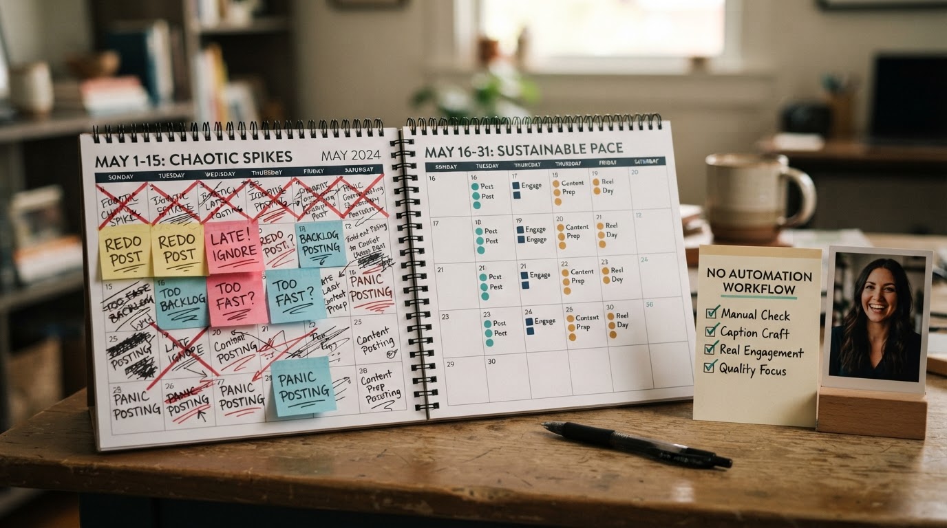 Photo showing a calendar with erratic posting schedule versus a steady sustainable plan