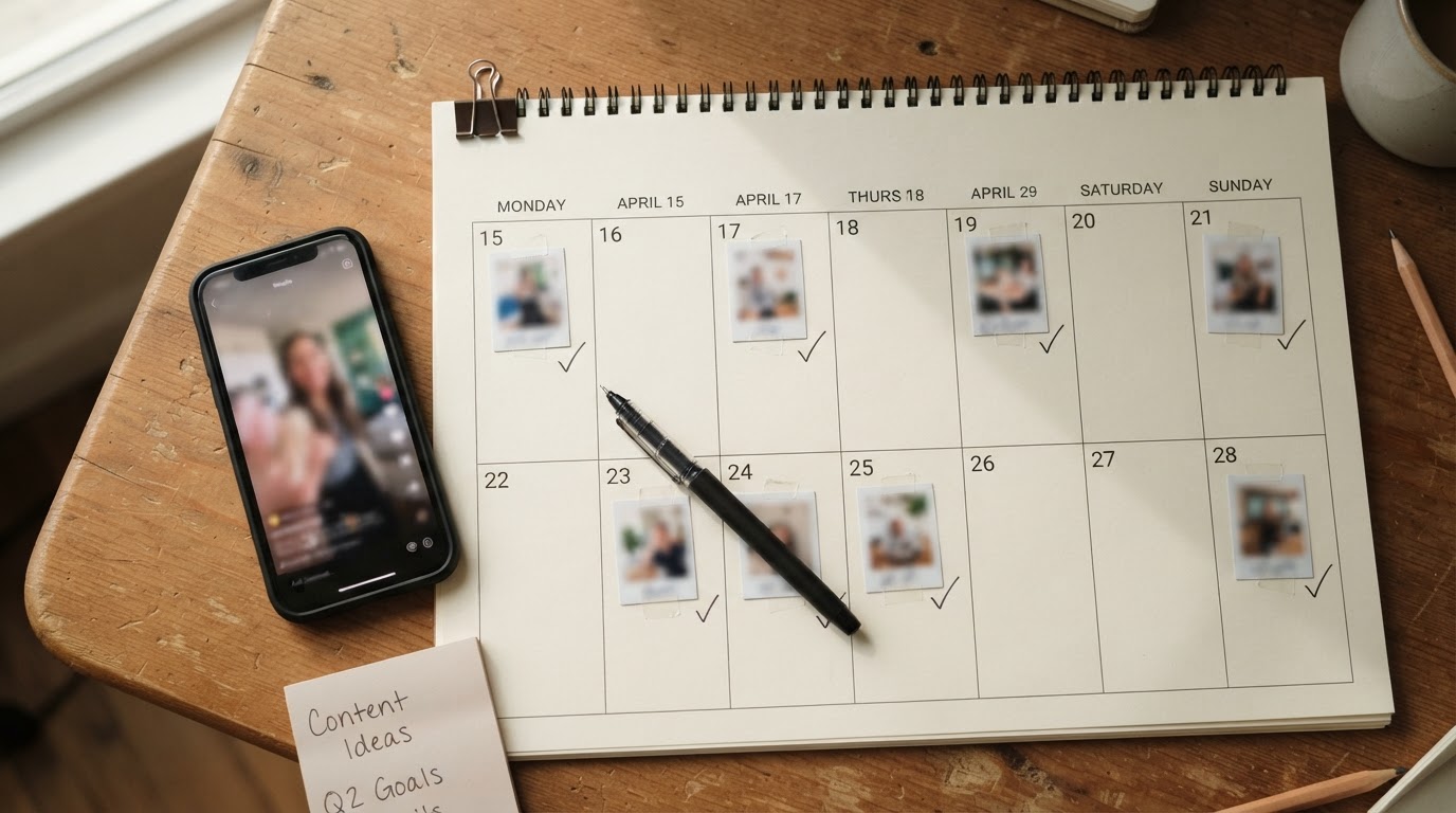 Two-week calendar with checkmarks and short-form content thumbnails implied