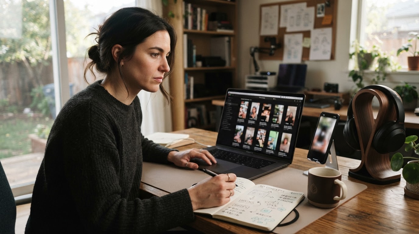 Founder reviewing batch-generated ad drafts on laptop with ClipStitchr-like workflow visible conceptually