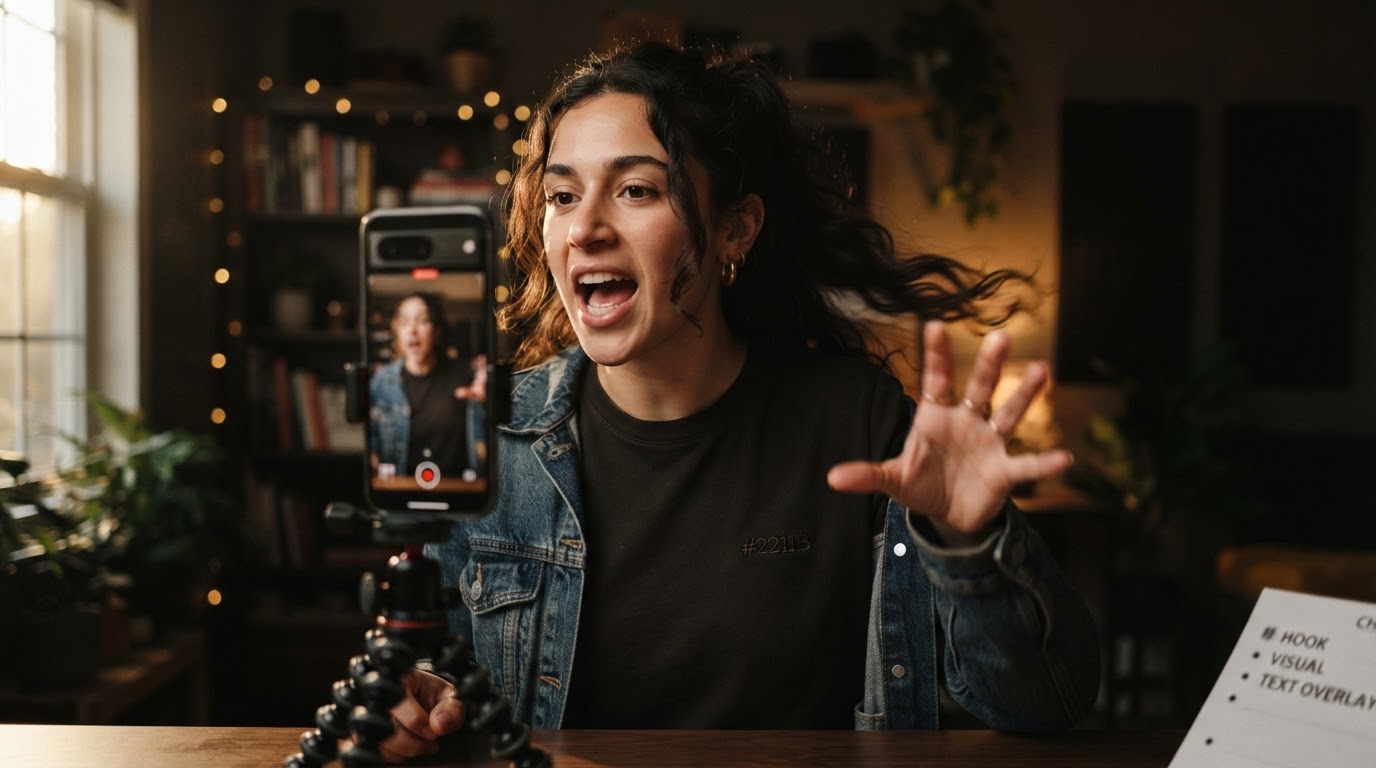 Creator filming a strong hook: action starting immediately in front of camera