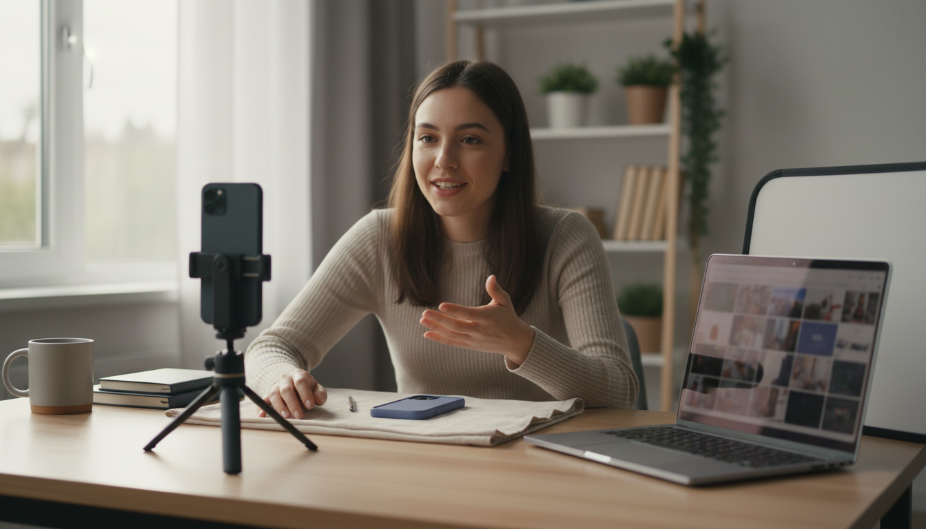 Phone being filmed for a TikTok-style UGC hook with simple product demo setup