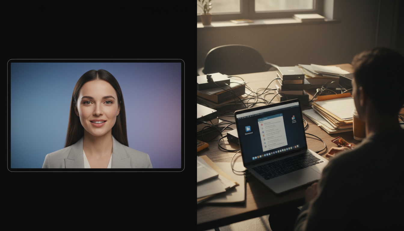 AI avatar video generation on a screen contrasted with messy file folders
