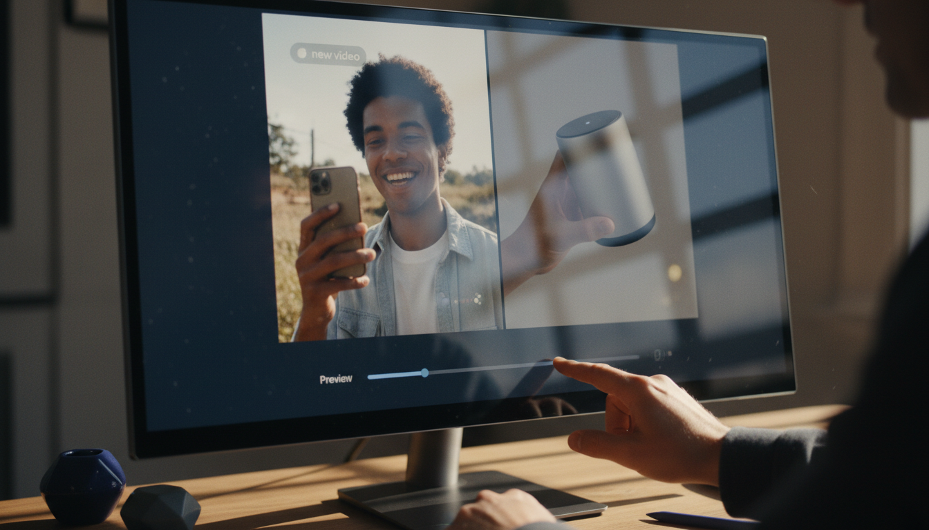 Close-up of an editor previewing paired UGC opener and product demo in a single interface