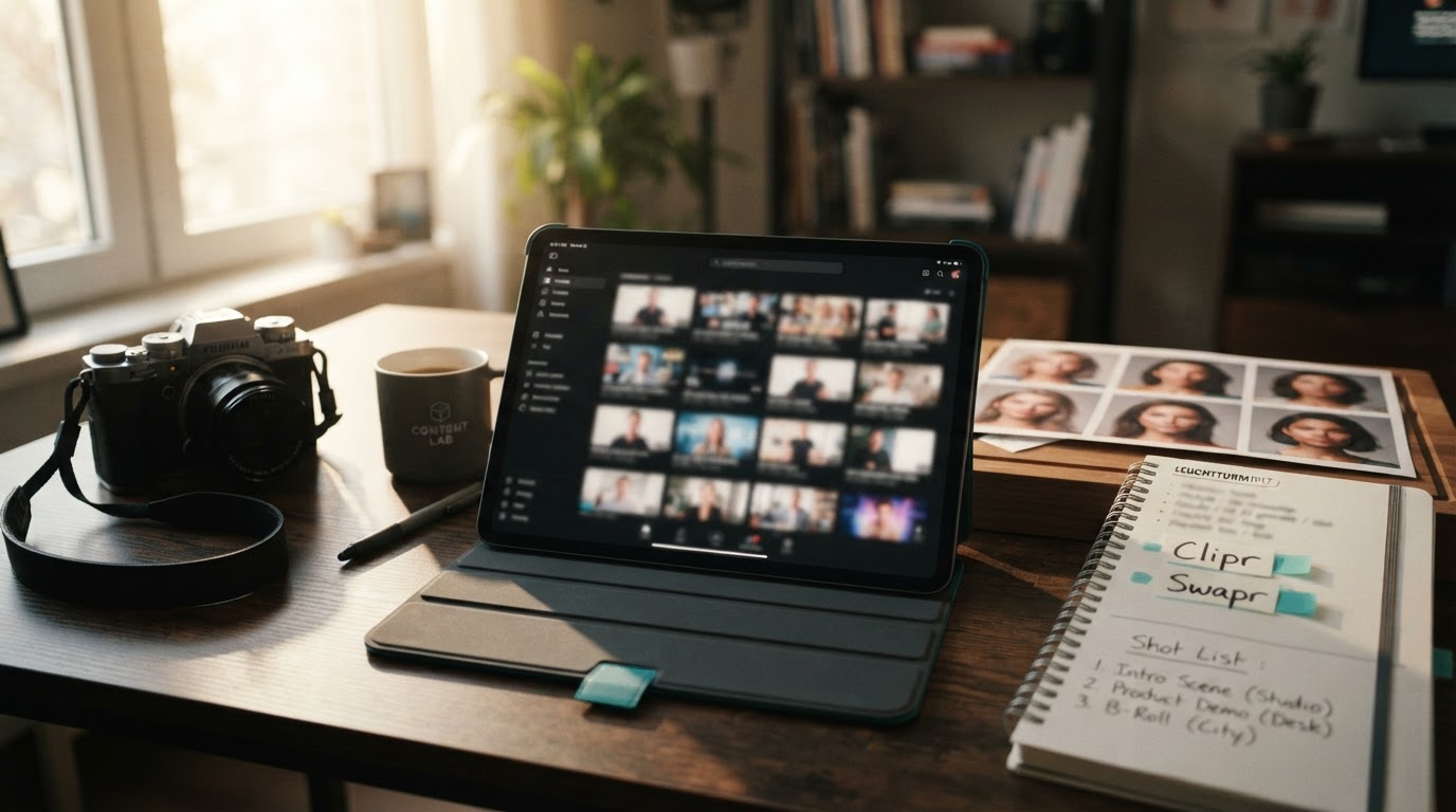 Workflow mockup showing creators, AI-generated avatars, and a small clip library on a tablet