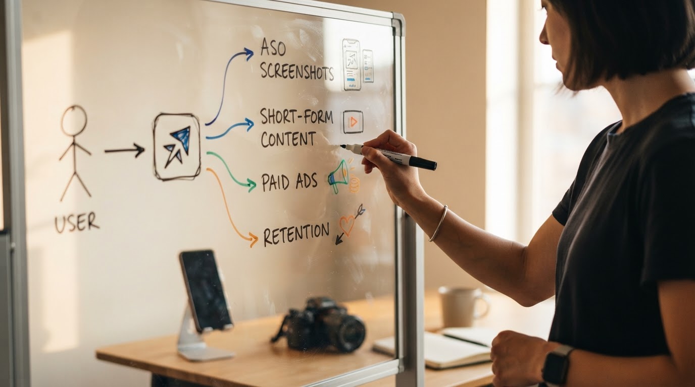 Whiteboard session mapping target user, app store listing, content engine, paid ads, and retention