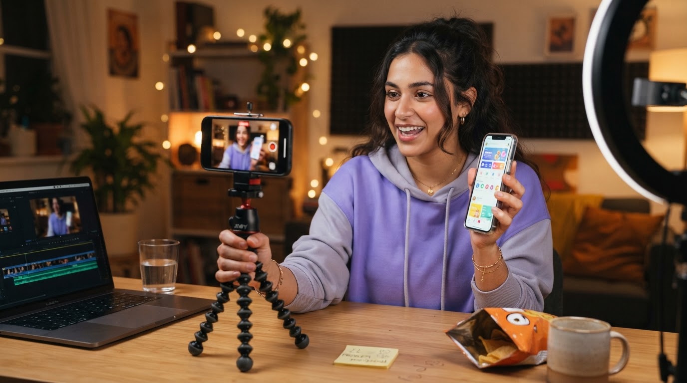 Content creator filming a vertical app demo with phone and tripod, showing hook-to-demo setup