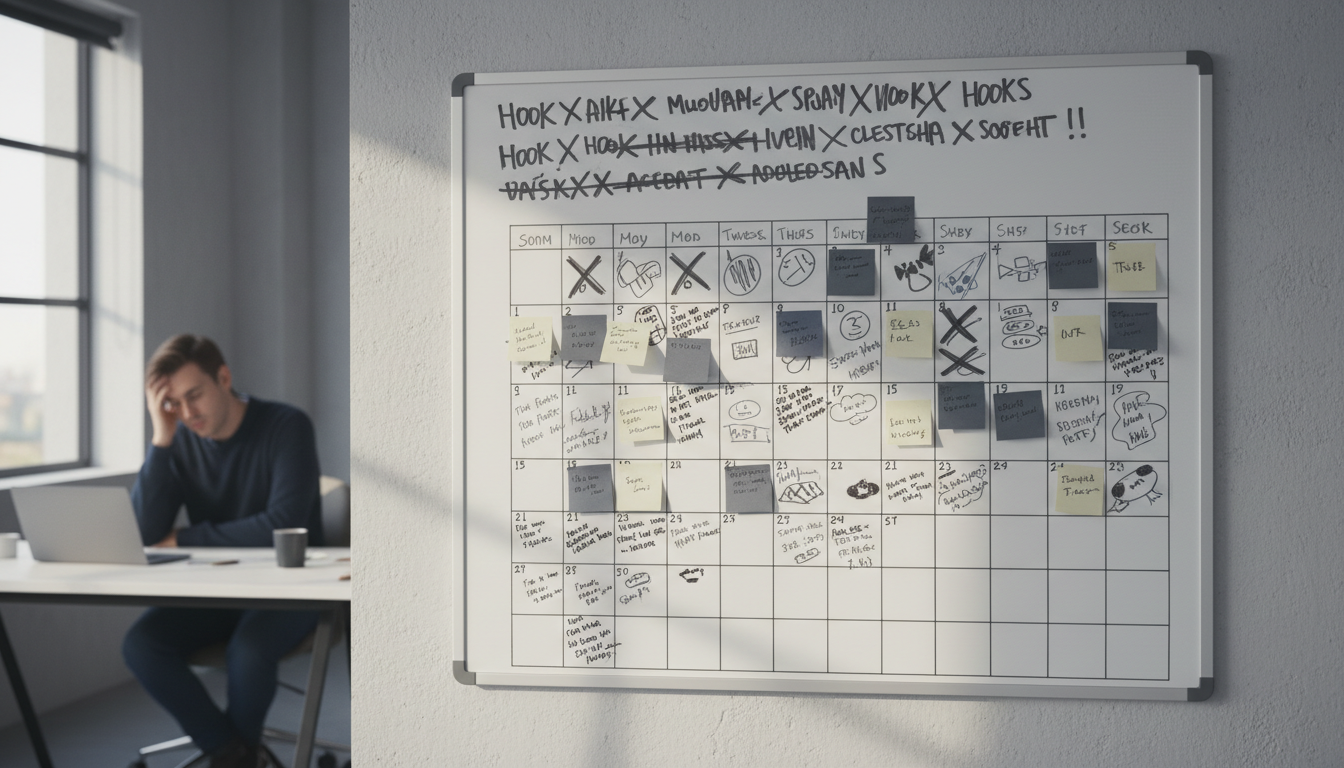 Creative team whiteboard filled with daily short-form schedule and many crossed-out ideas