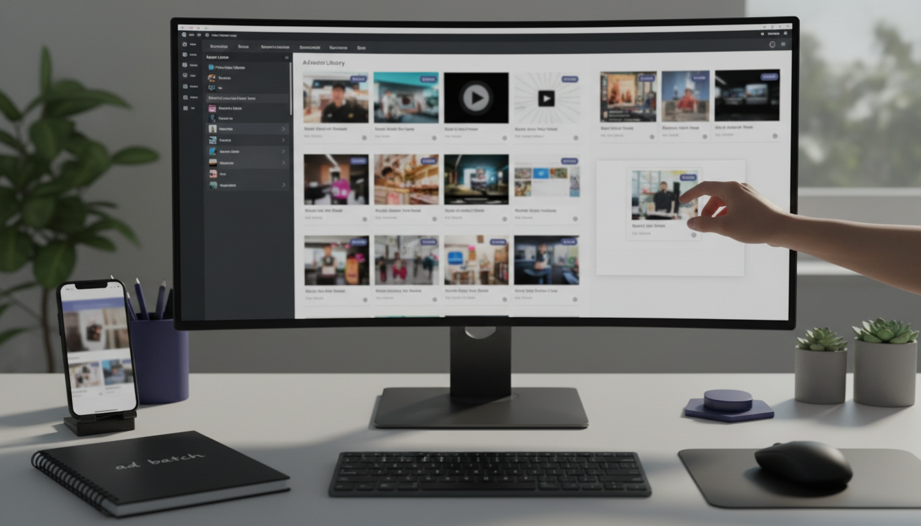 Organized digital asset library showing clips, templates, and scoring on a large monitor