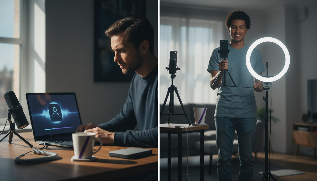 Split-scene showing AI avatar generation on one side and a creator filming on the other
