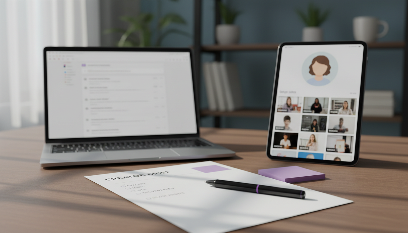 Workspace showing three labeled sourcing paths: creator brief, inbox with permission messages, and avatar-based generated clip assets