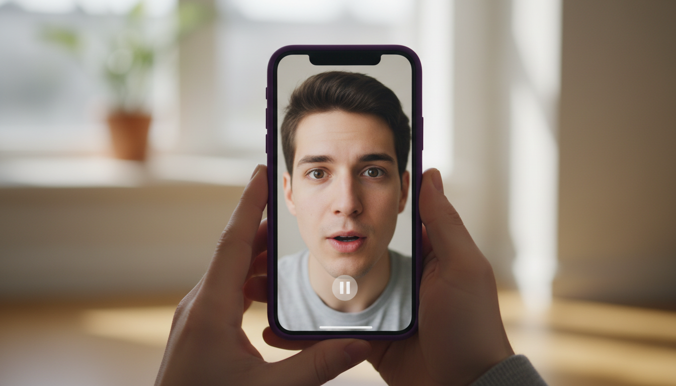 Close-up of creator opening moments: a vertical phone screen frozen on a creator mid-sentence hook
