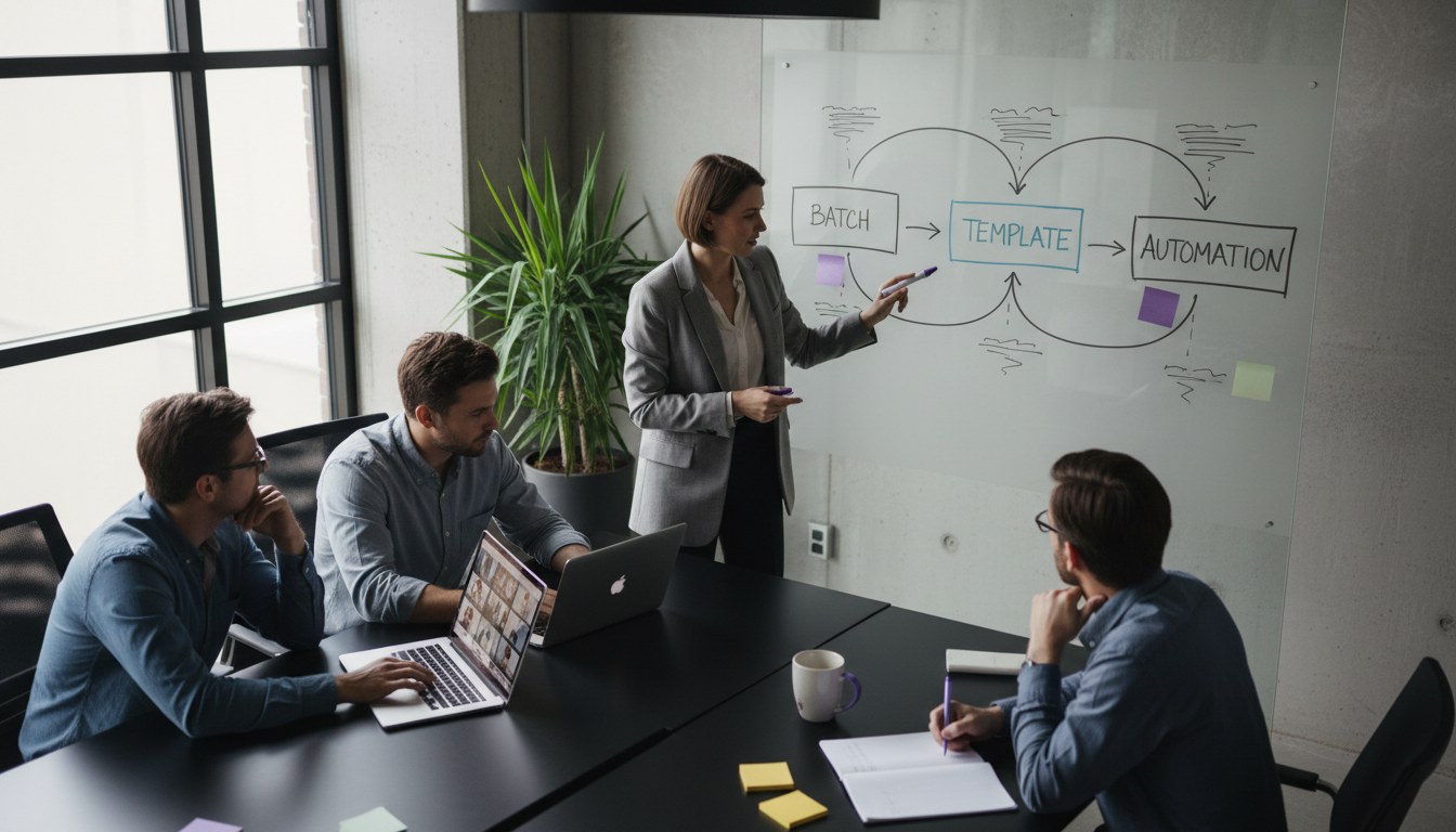 Team workflow scene: a whiteboard with a simple visual flow of 'batch → template → automation' and a laptop showing multiple queued ad drafts