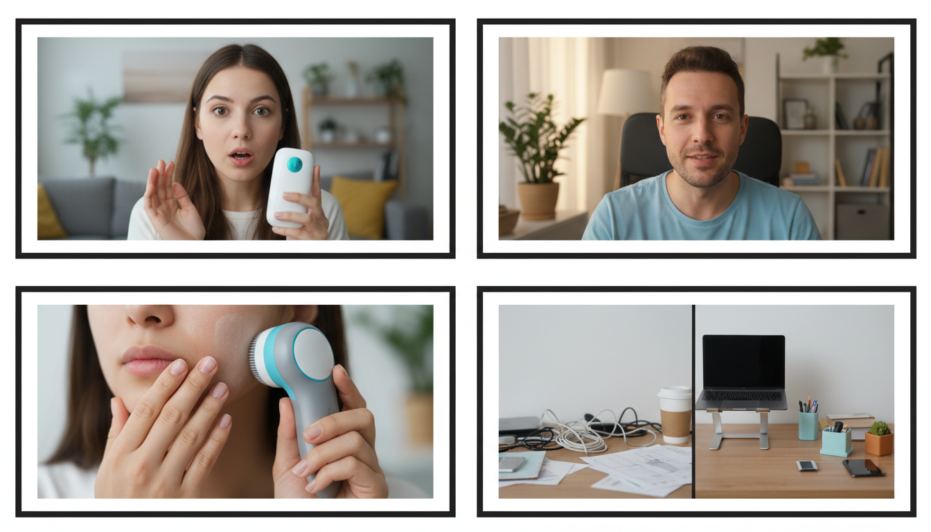 Collage of four distinct UGC formats: reaction, talking head, demo, before-and-after