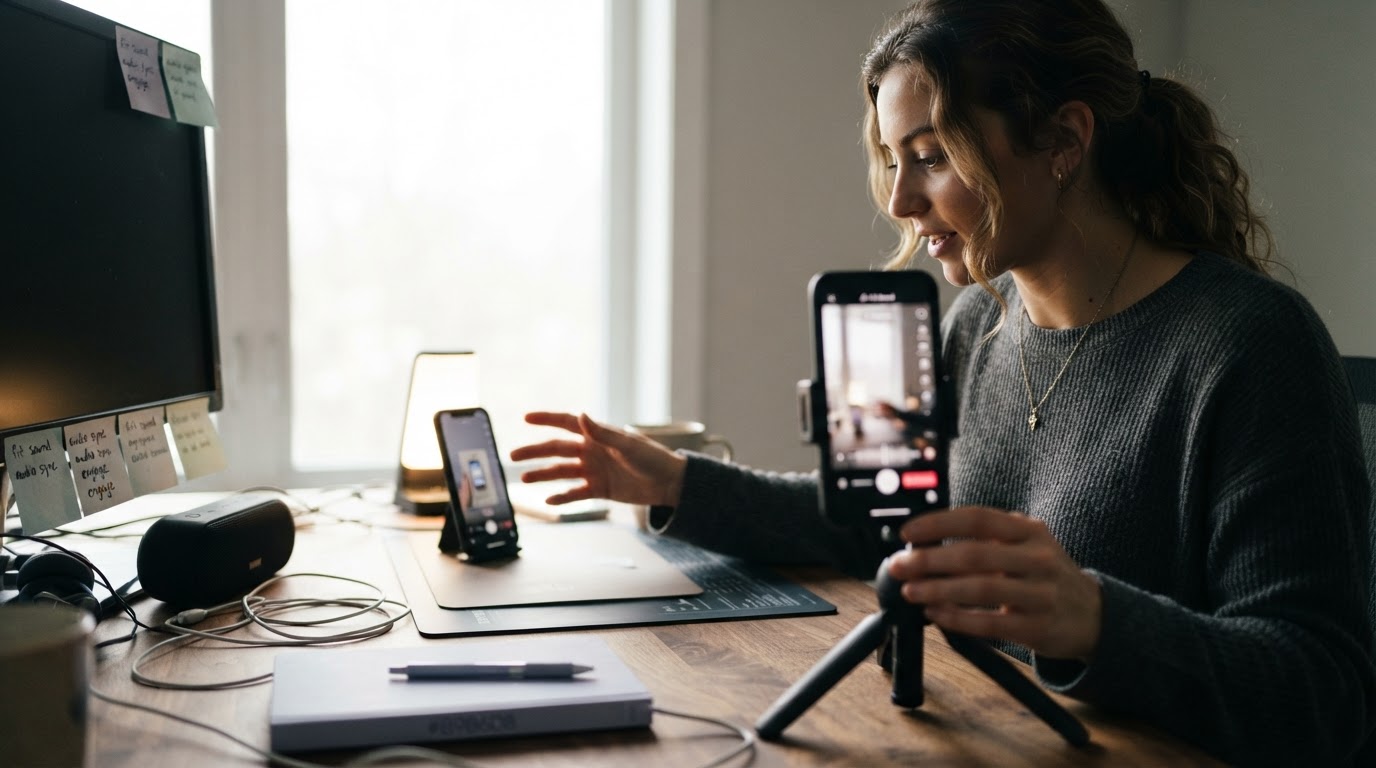 Creator choosing audio on phone while filming a product demo