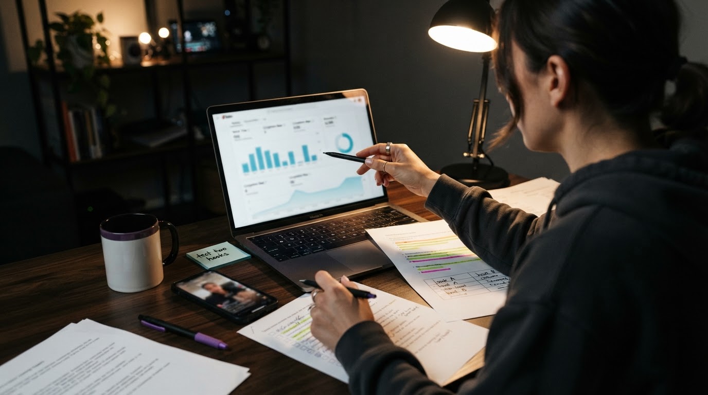 Desk scene showing analytics review with charts and notes