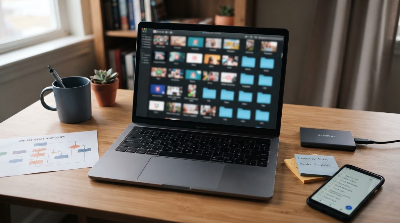 Organized digital asset library on laptop with labeled folders and clip thumbnails (non-readable)