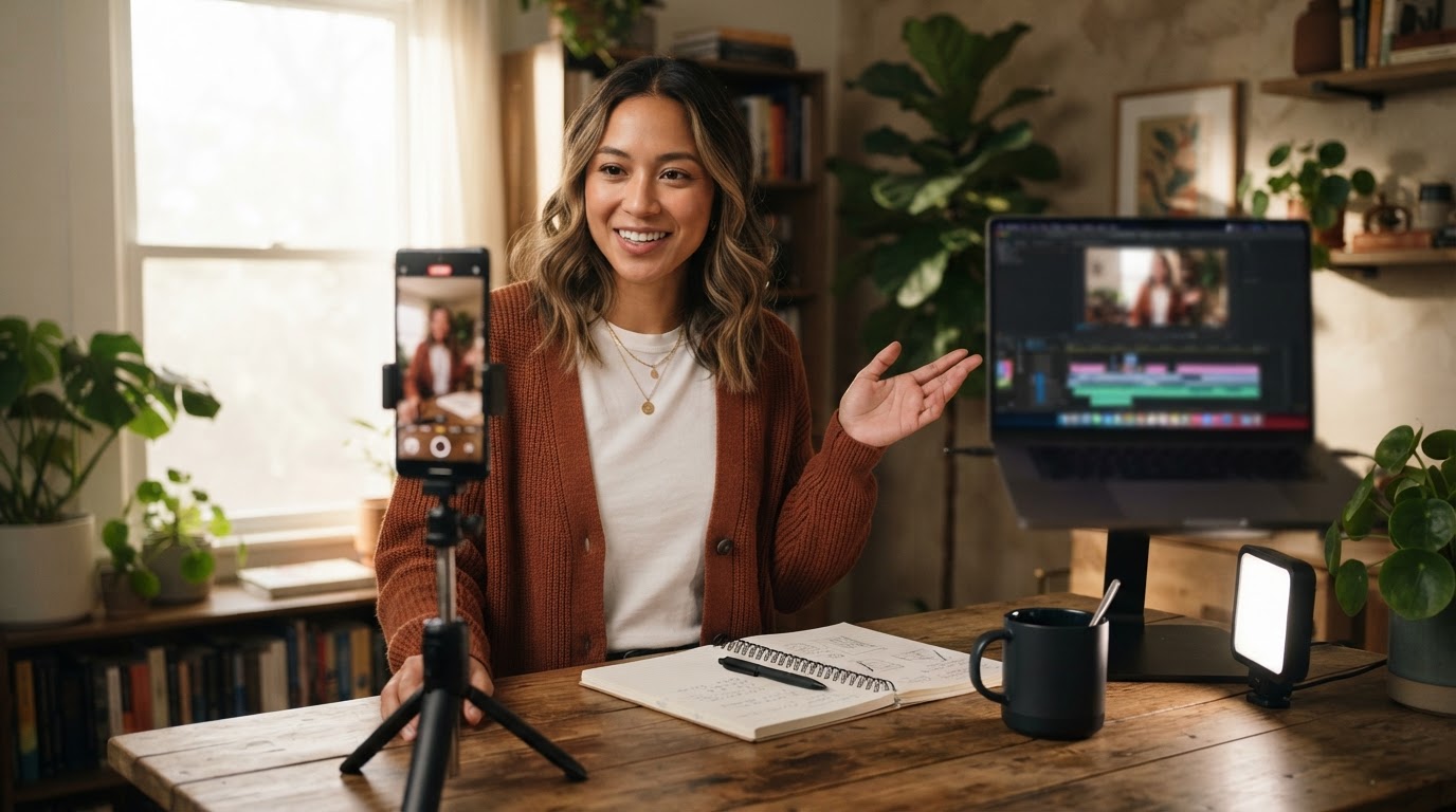 Creator recording a short tutorial clip pointing to a longer video on laptop