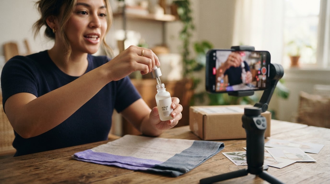 Close-up of vertical product demo being filmed for Instagram Reels with shopping tag concept