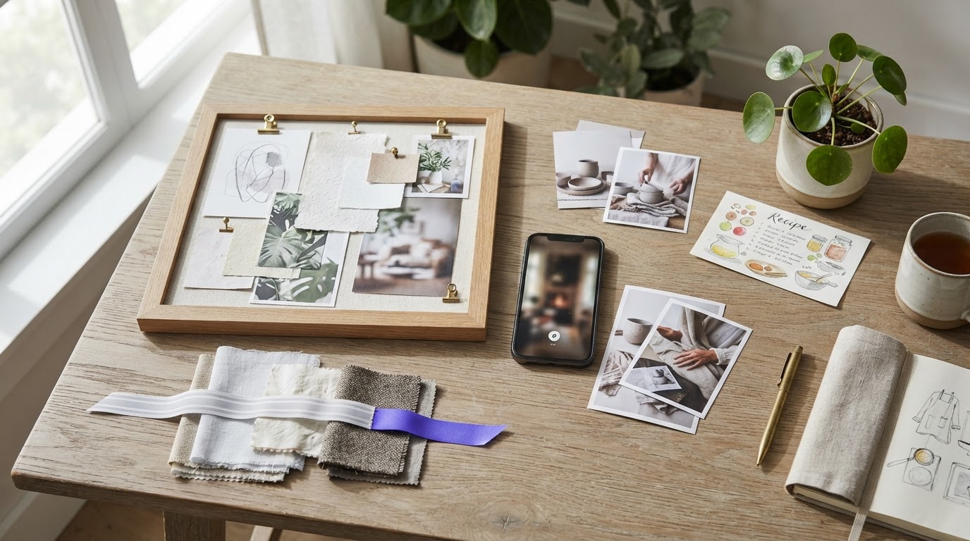 Styled flatlay of evergreen visual content: mood board, product photos, and pins concept
