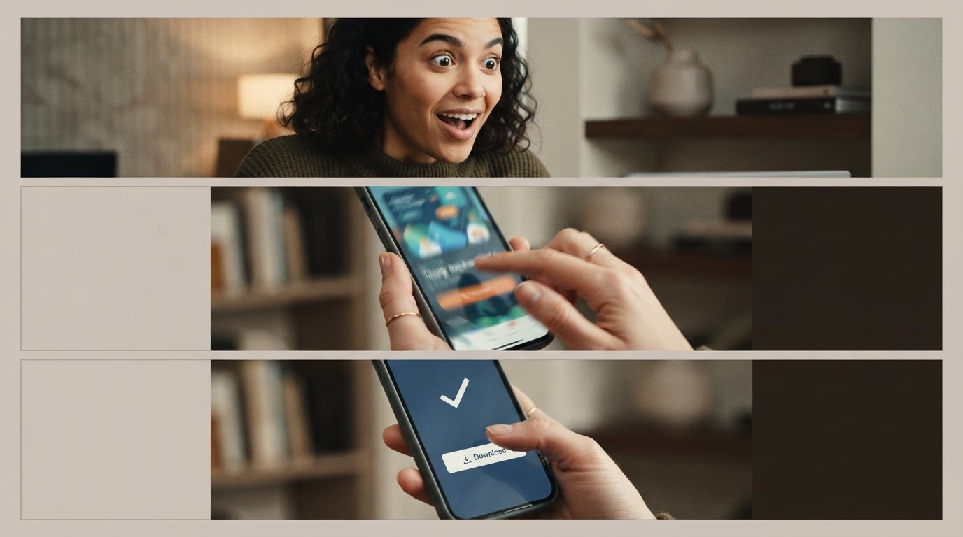 Three-panel vertical storyboard showing hook → demo → CTA sequence