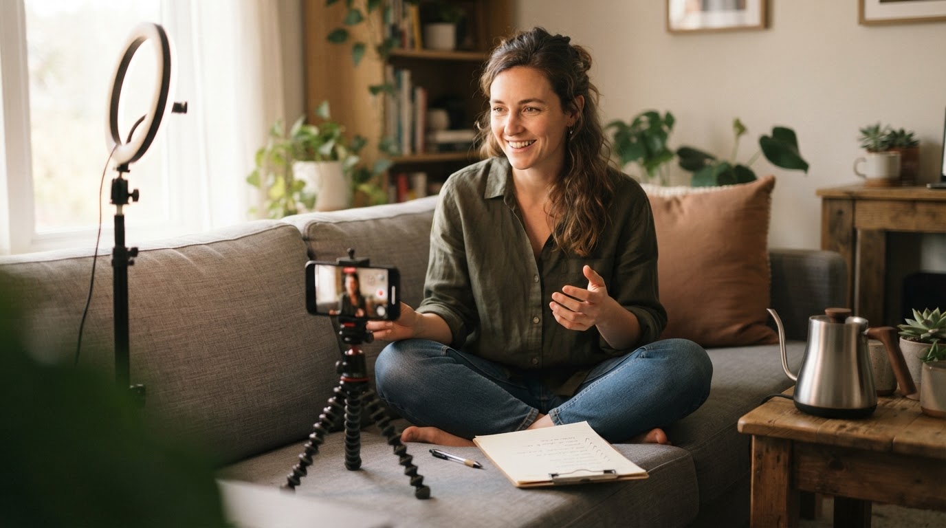 Founder batching short recording sessions with relaxed routine and checklist
