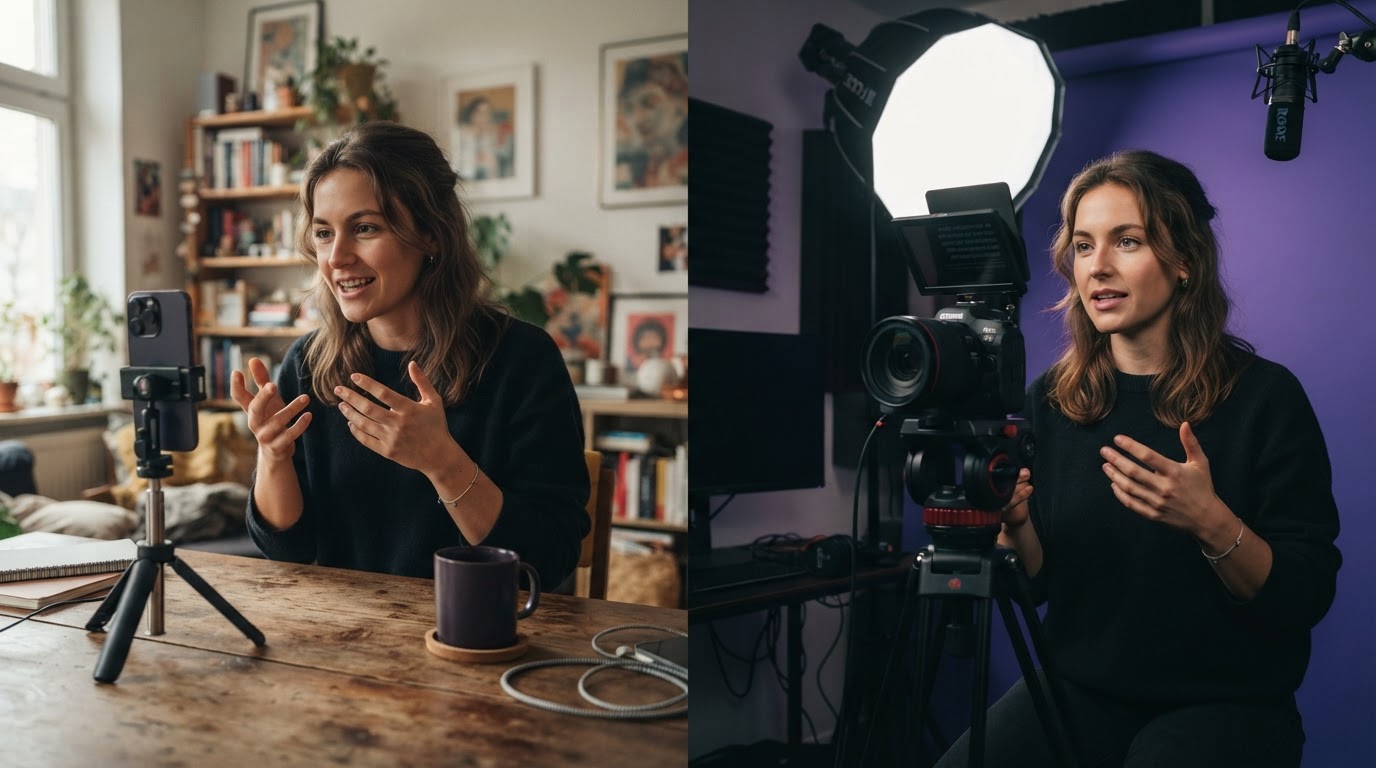 Split-scene photo contrasting raw UGC shoot and polished creator production