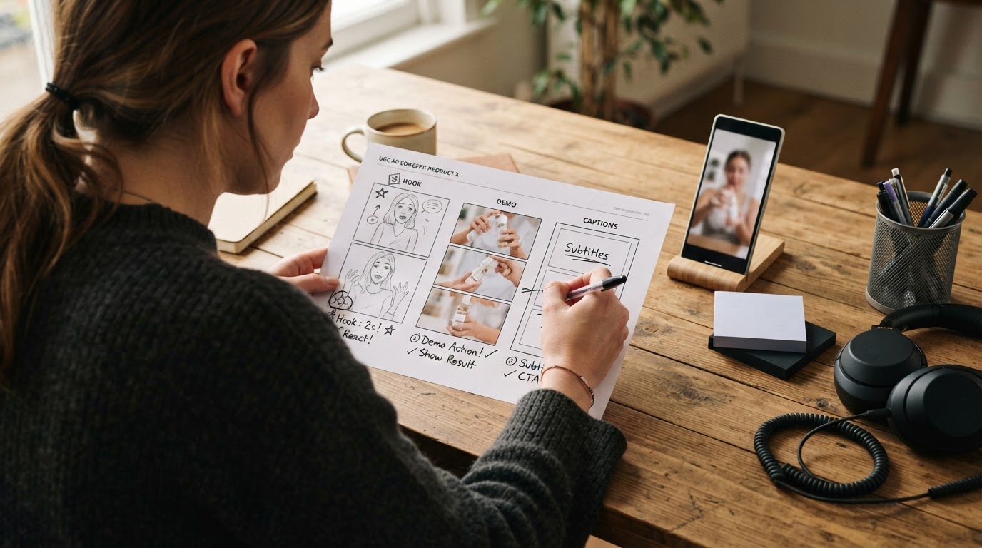 Over-the-shoulder view of an editor marking hook, demo, and caption points on a storyboard