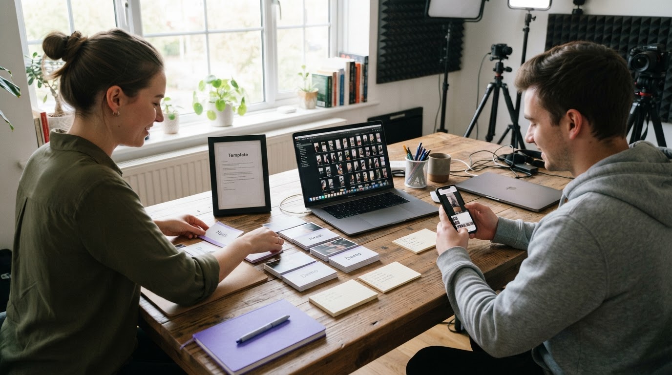 Wide shot of a team batching clips: hook clips and demos organized on a table and laptop