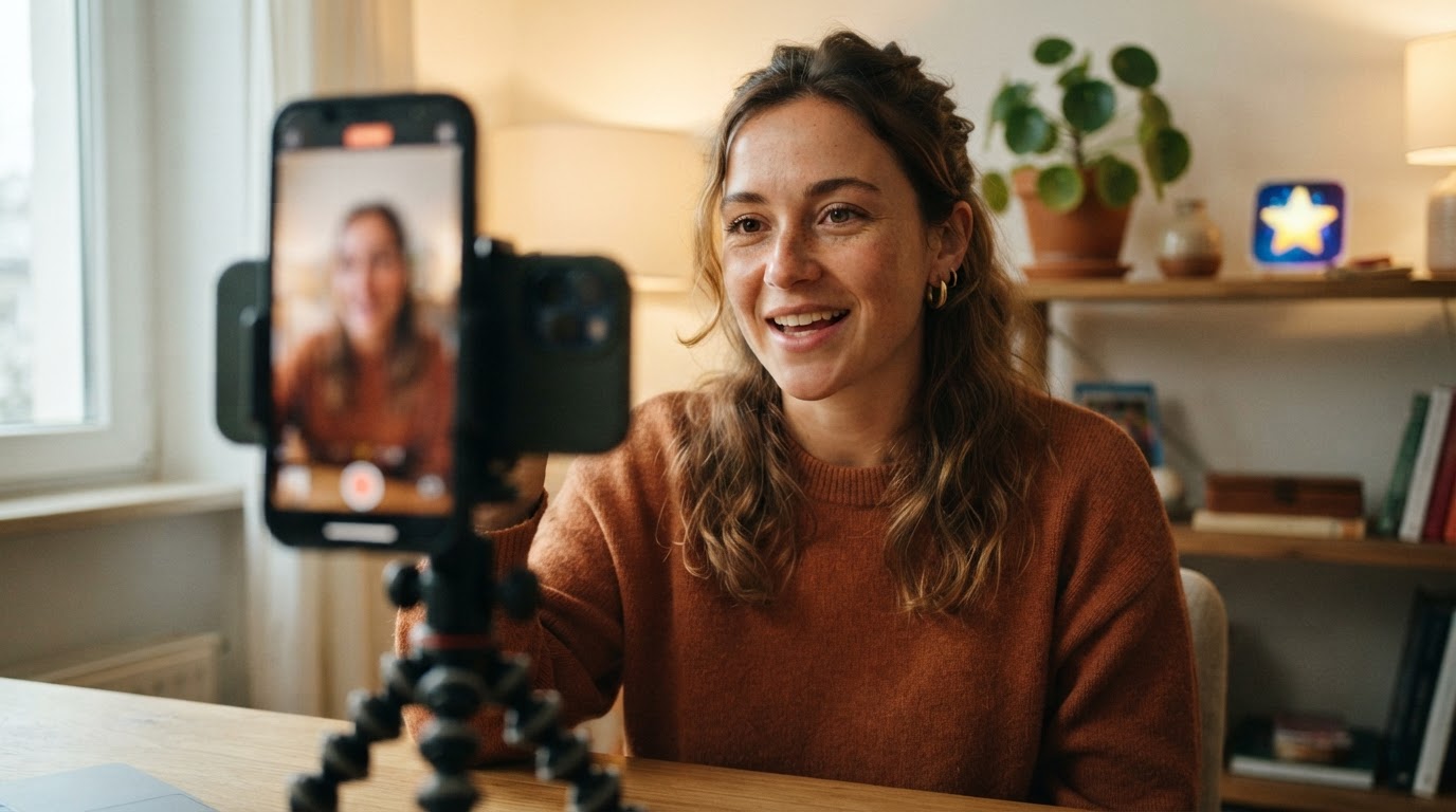 Close-up of a creator filming a vertical UGC-style talking-head on a phone